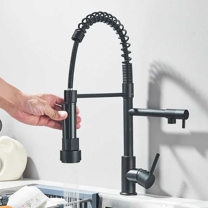 Pull Down Brass Kitchen Sink Faucet Hot Cold Water Mixer Crane Tap with Dual Spout 360 Rotation Deck Mounted