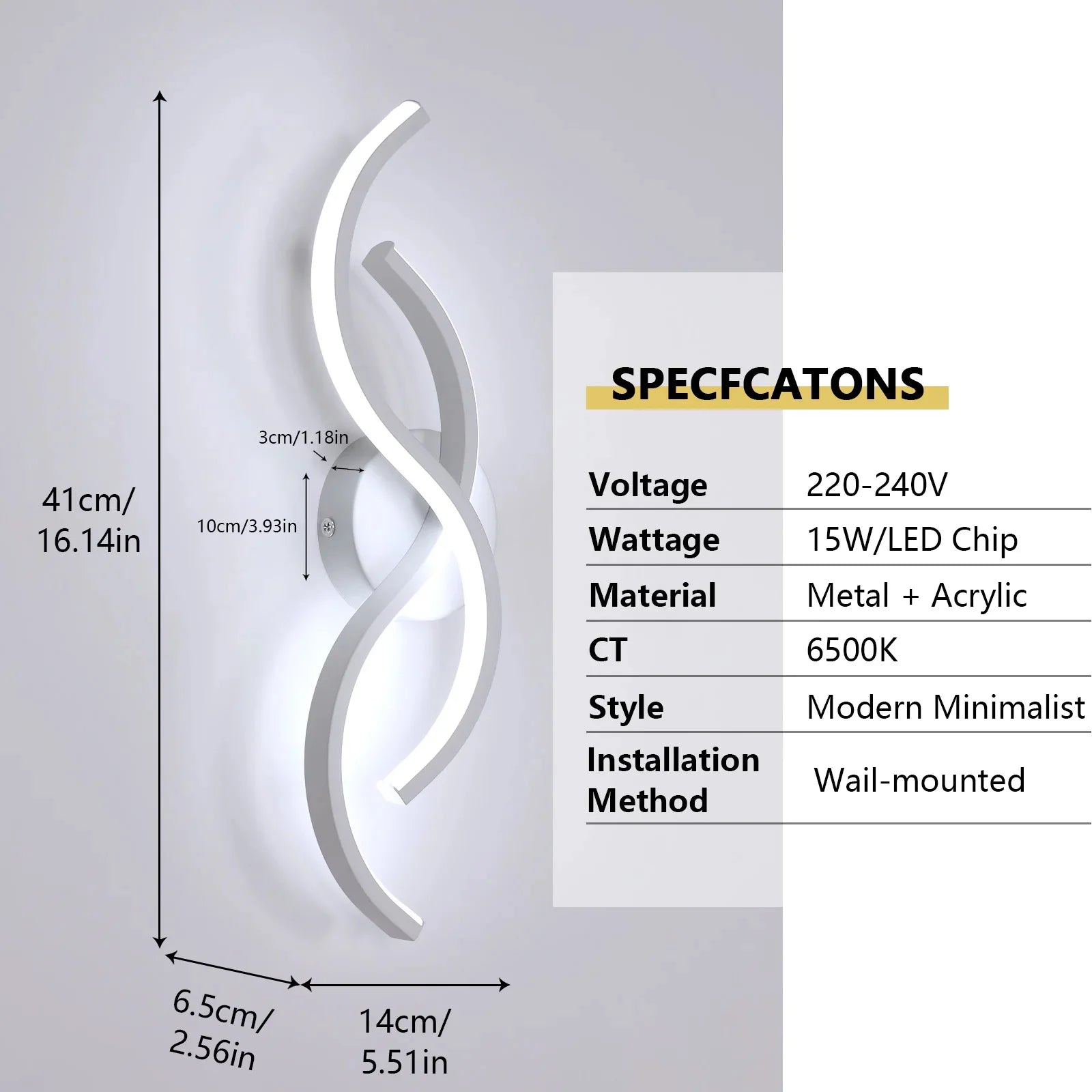 Modern Minimalist Wall Light in White Aluminum 41x14x6.5cm - White Light 6500K, 220V
