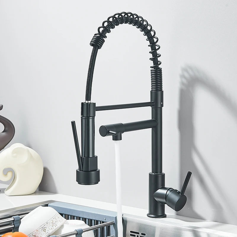 Pull Down Brass Kitchen Sink Faucet Hot Cold Water Mixer Crane Tap with Dual Spout 360 Rotation Deck Mounted