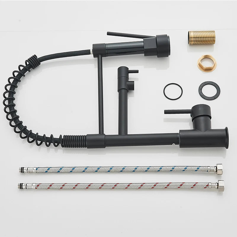 Pull Down Brass Kitchen Sink Faucet Hot Cold Water Mixer Crane Tap with Dual Spout 360 Rotation Deck Mounted