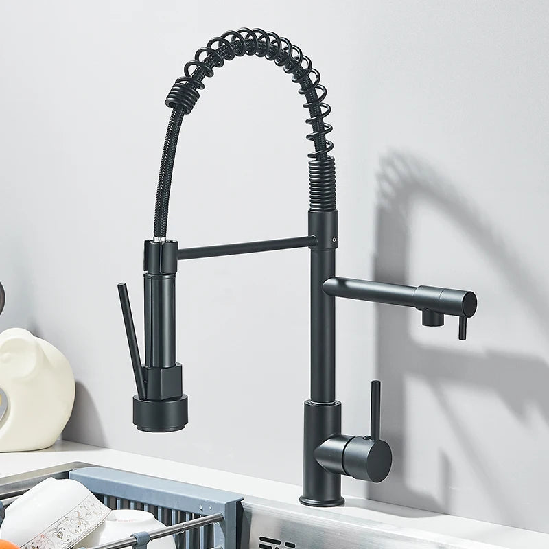 Pull Down Brass Kitchen Sink Faucet Hot Cold Water Mixer Crane Tap with Dual Spout 360 Rotation Deck Mounted