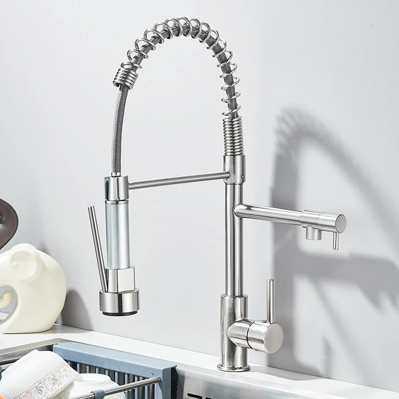 Pull Down Brass Kitchen Sink Faucet Hot Cold Water Mixer Crane Tap with Dual Spout 360 Rotation Deck Mounted