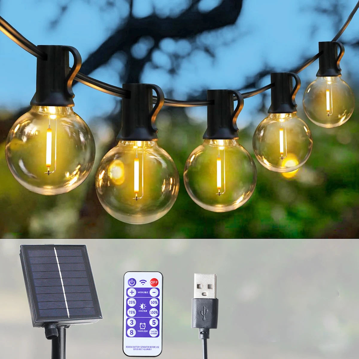 7-25M Festoon Solar LED Globe G40 String Light Fairy Outdoor For Christmas Party Garden Decor Garland Lamp Street Patio Backyard