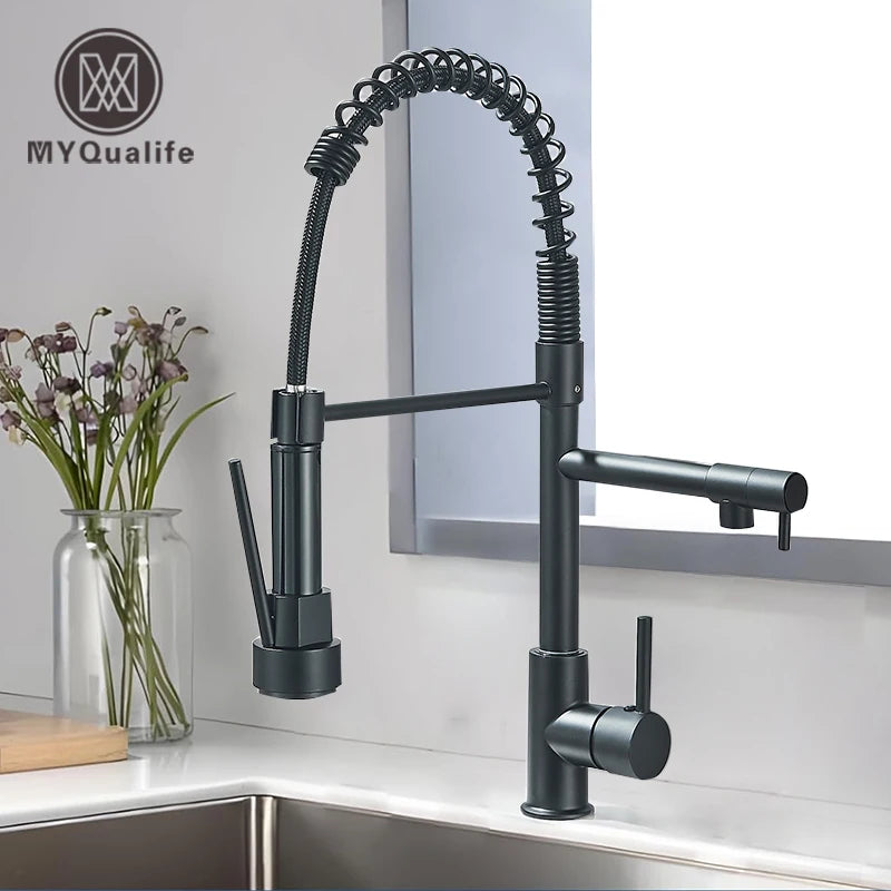 Pull Down Brass Kitchen Sink Faucet Hot Cold Water Mixer Crane Tap with Dual Spout 360 Rotation Deck Mounted