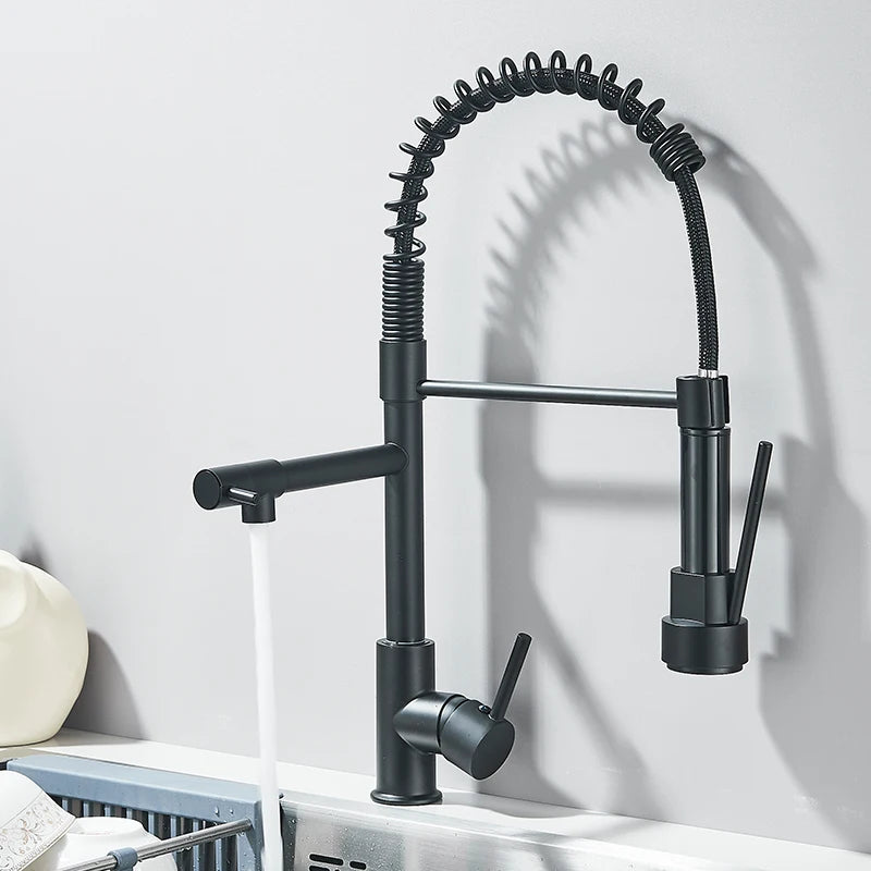 Pull Down Brass Kitchen Sink Faucet Hot Cold Water Mixer Crane Tap with Dual Spout 360 Rotation Deck Mounted